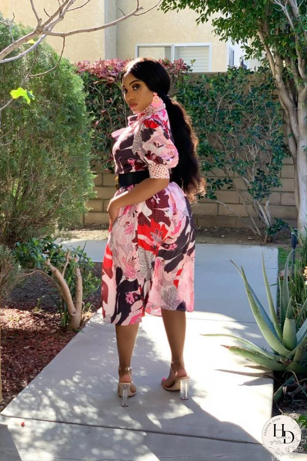 Navy Blue Polyester Fashion Sexy Cap Sleeve Half Sleeves Turndown Collar Step Skirt Mid-Calf fastener Bowknot