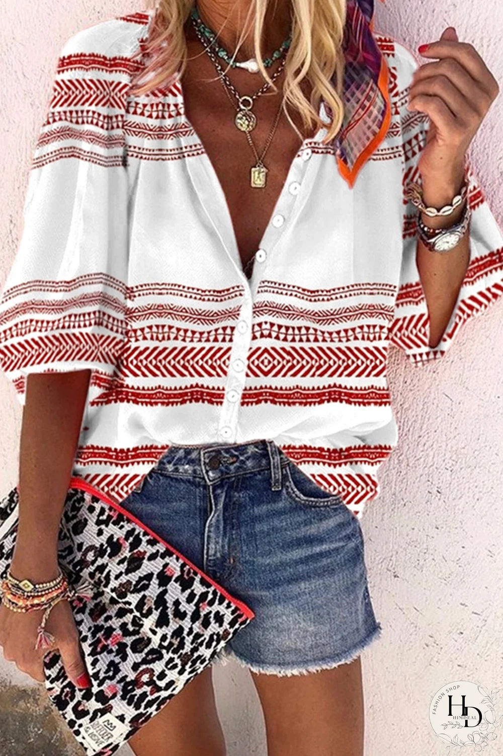 Casual Elegant Print Buckle O Neck Tops