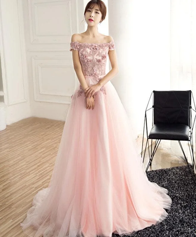 Pink Tulle Lace Applique Long Prom Dress, Pink Evening Dress