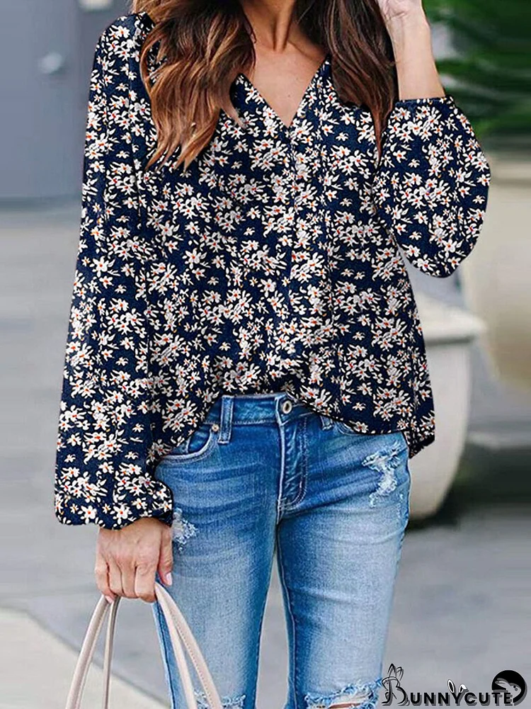 Women Ditsy Floral Print V-Neck Vacation Long Sleeve Blouse