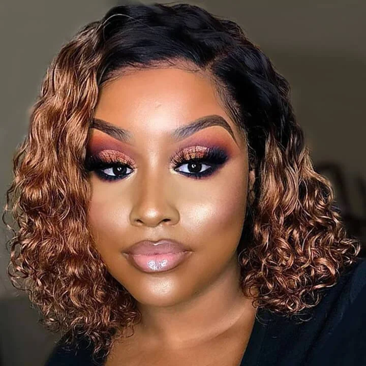 Black Gradient Light Brown Short Bob Centre Parting Curly Wig