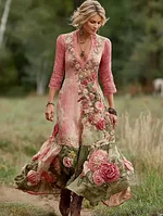 Women's Vintage Gradient Floral Art V Neck Linen Blend Maxi Dress