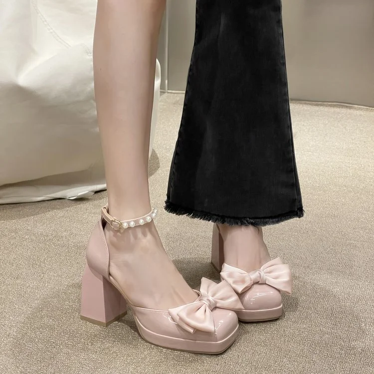 Wongn Wongn 2023 New Korean Version Of Bow Painted Leather Baotou Hollow High Heel Sandals Pink Thick Heel Women's Shoes