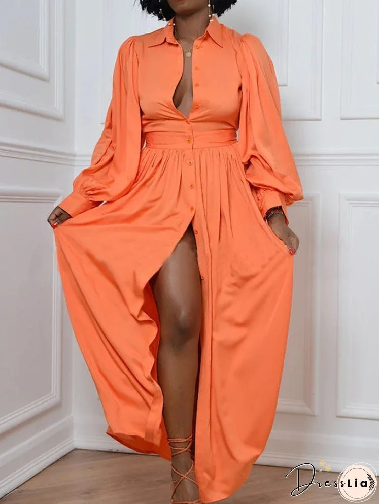 Women's Dresses Solid Button Balloon Sleeve Shirt Dress