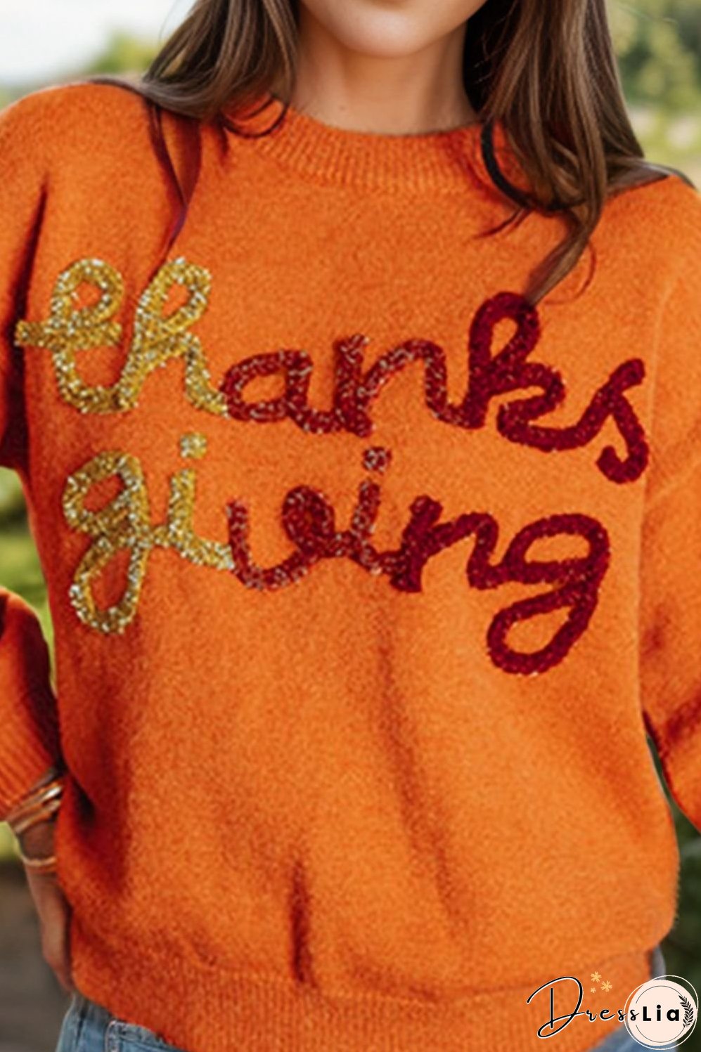 Letter Round Neck Long Sleeve Sweater