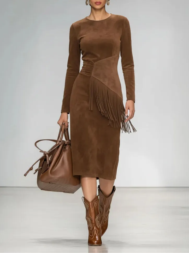 Vintage Brown Round Neck Faux Suede Fringe Midi Dress