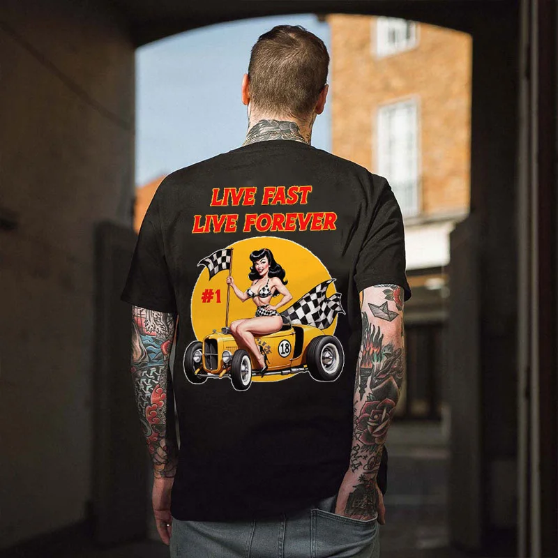 LIVE FAST LIVE FOREVER Sexy Lady Classic Car Print Men's T-shirt