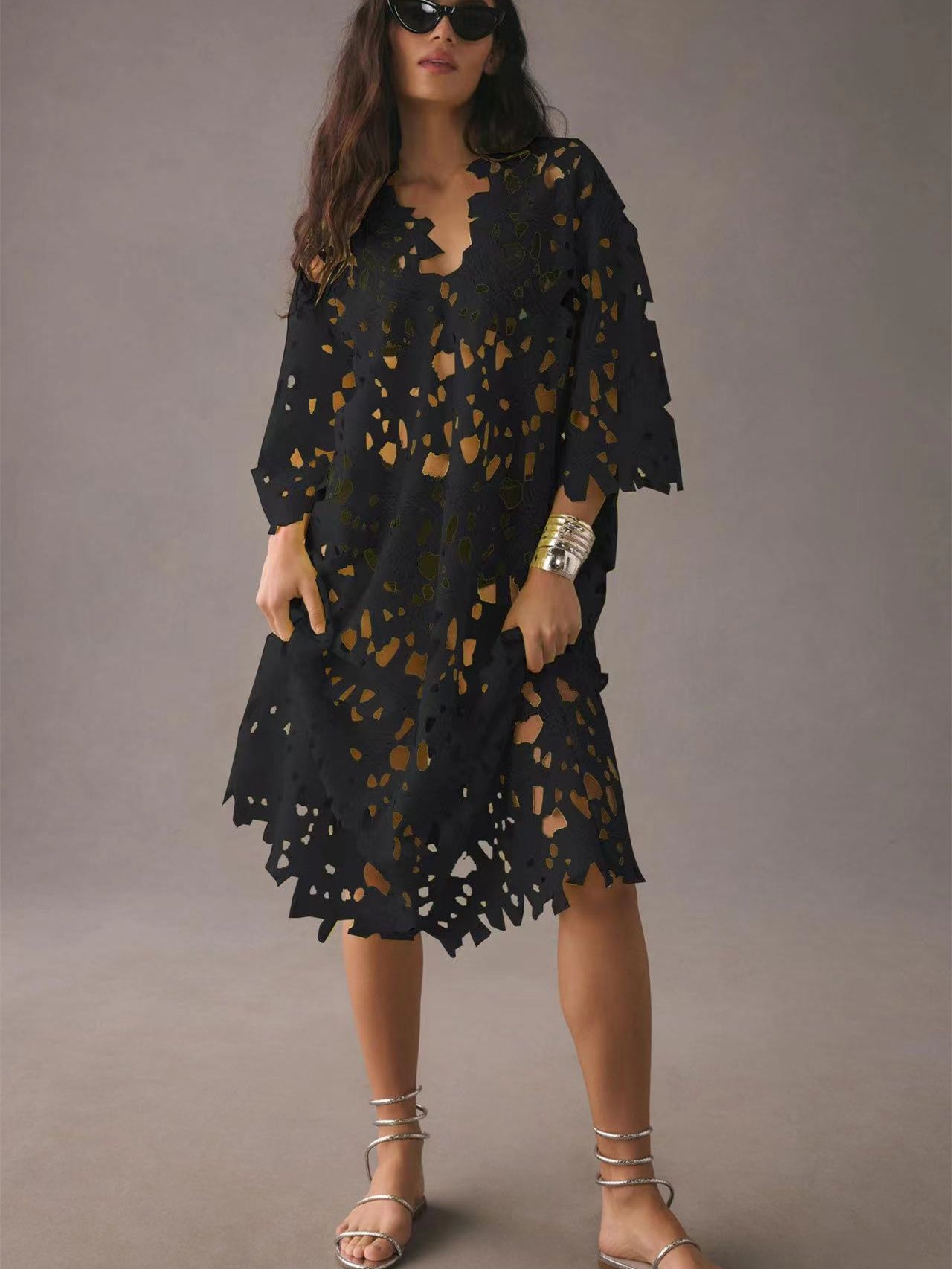 Women 3/4 Sleeve V-neck Hollow Lace Maxi Dress