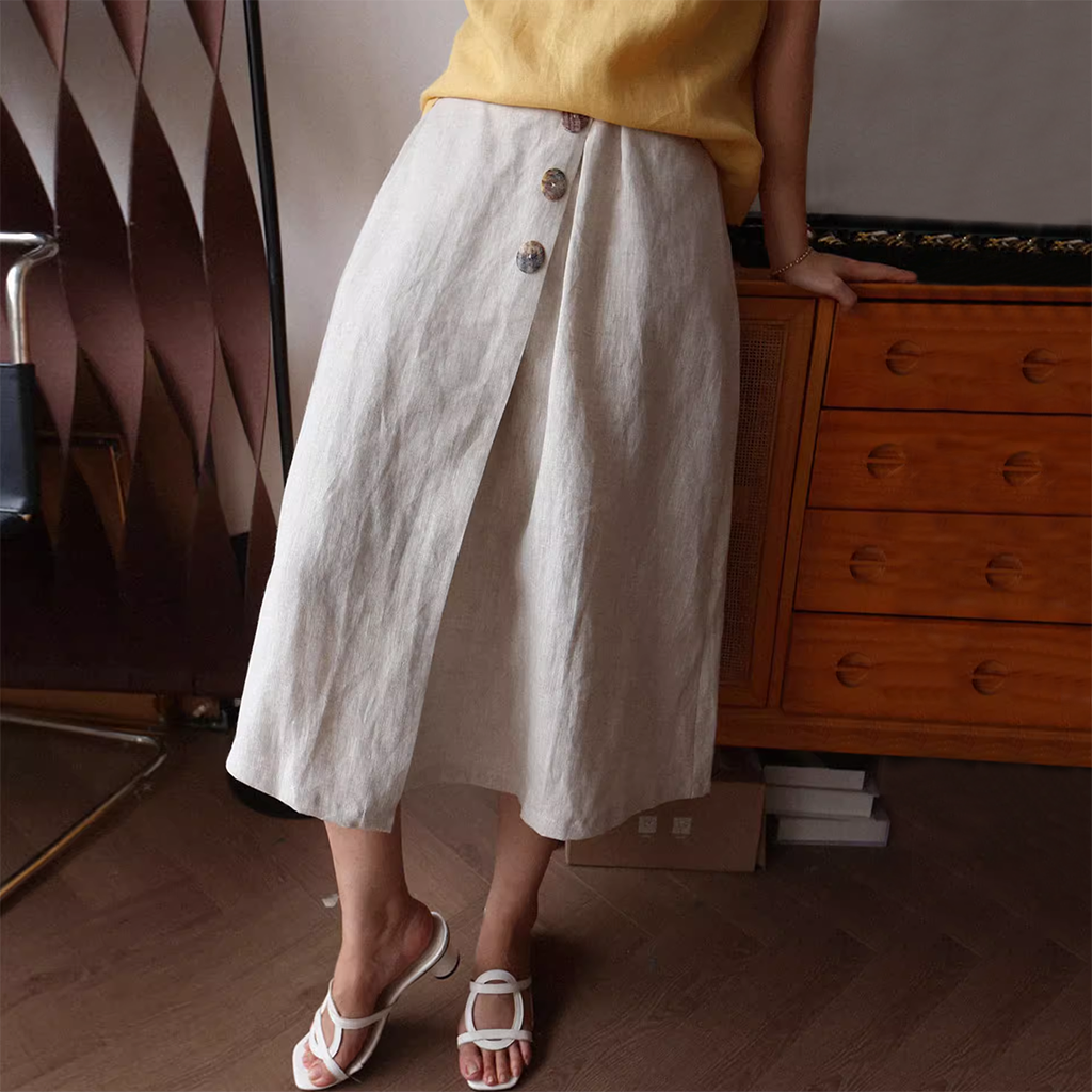 Linen Skirt Women 100% Linen Button Front Midi Skirt REAL SILK LIFE