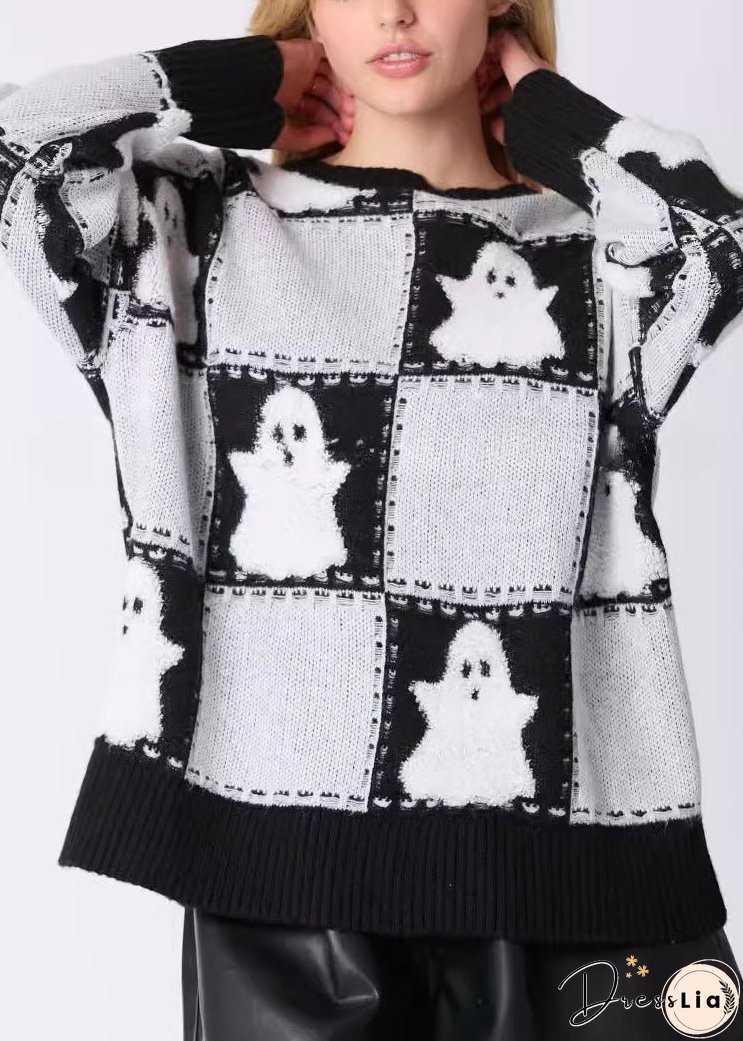 Plus Size White O Neck Plaid Knit Sweater Long Sleeve