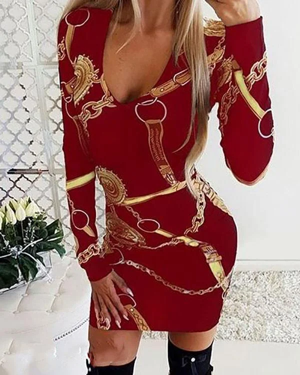 Womens Deep V Neck Dresses Floral Midi Dresses Print Long Sleeve Bodycon Dress