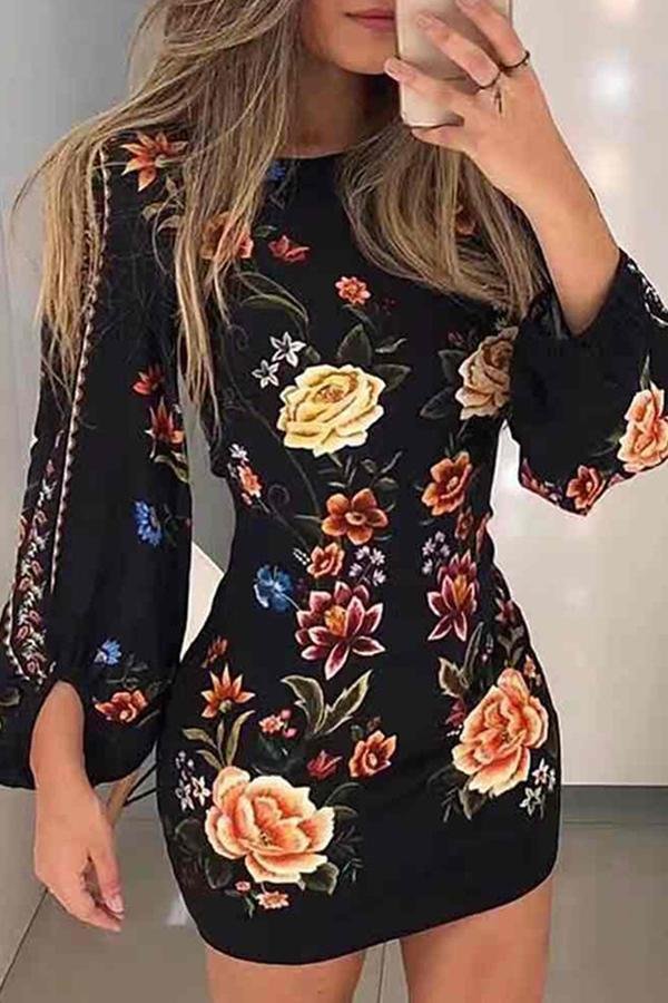Womens Retro Flower Print Long Sleeve Skinny Fit Mini Dress-Allyzone-Allyzone