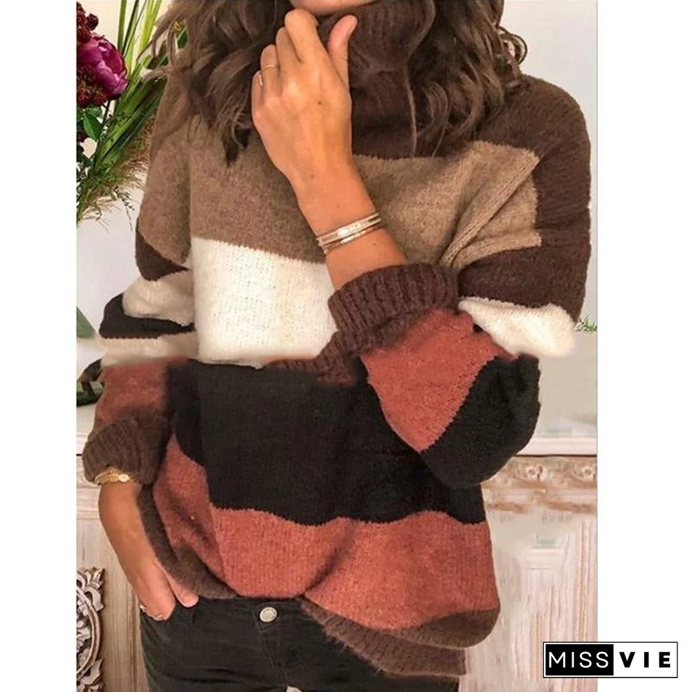 Elegant High Neck Striped Sweaters