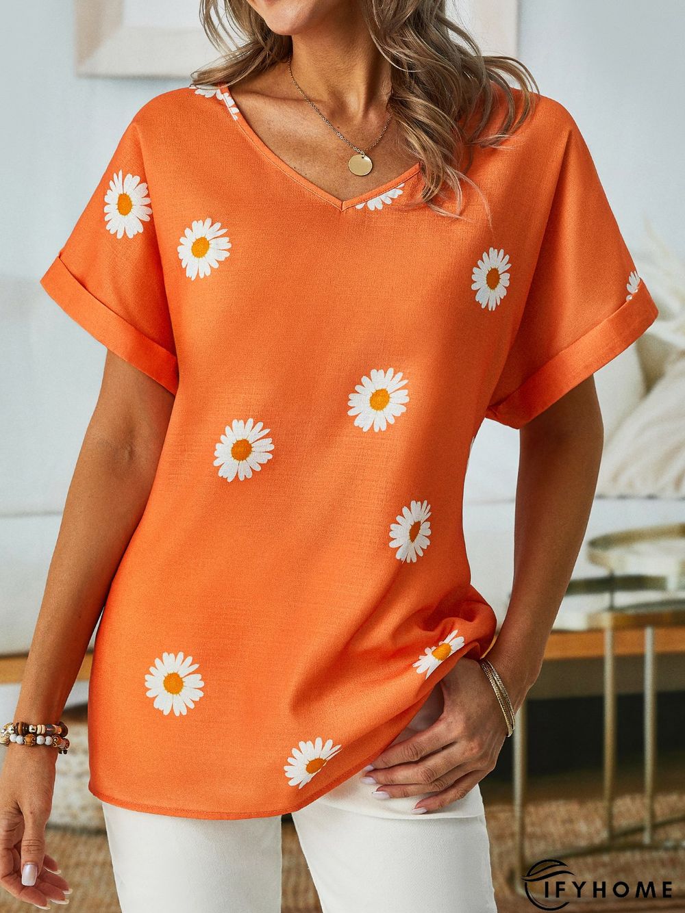 Casual Daisy V neck Cotton Loose Short Sleeve Tunic Top | IFYHOME