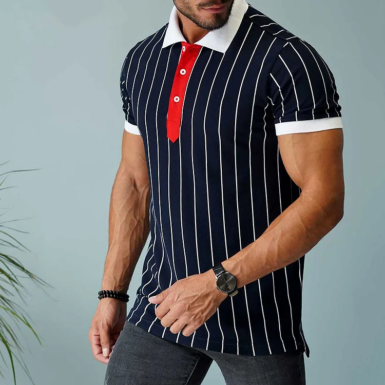 BrosWear Simple Vertical Stripes Print Casual Polo Shirt