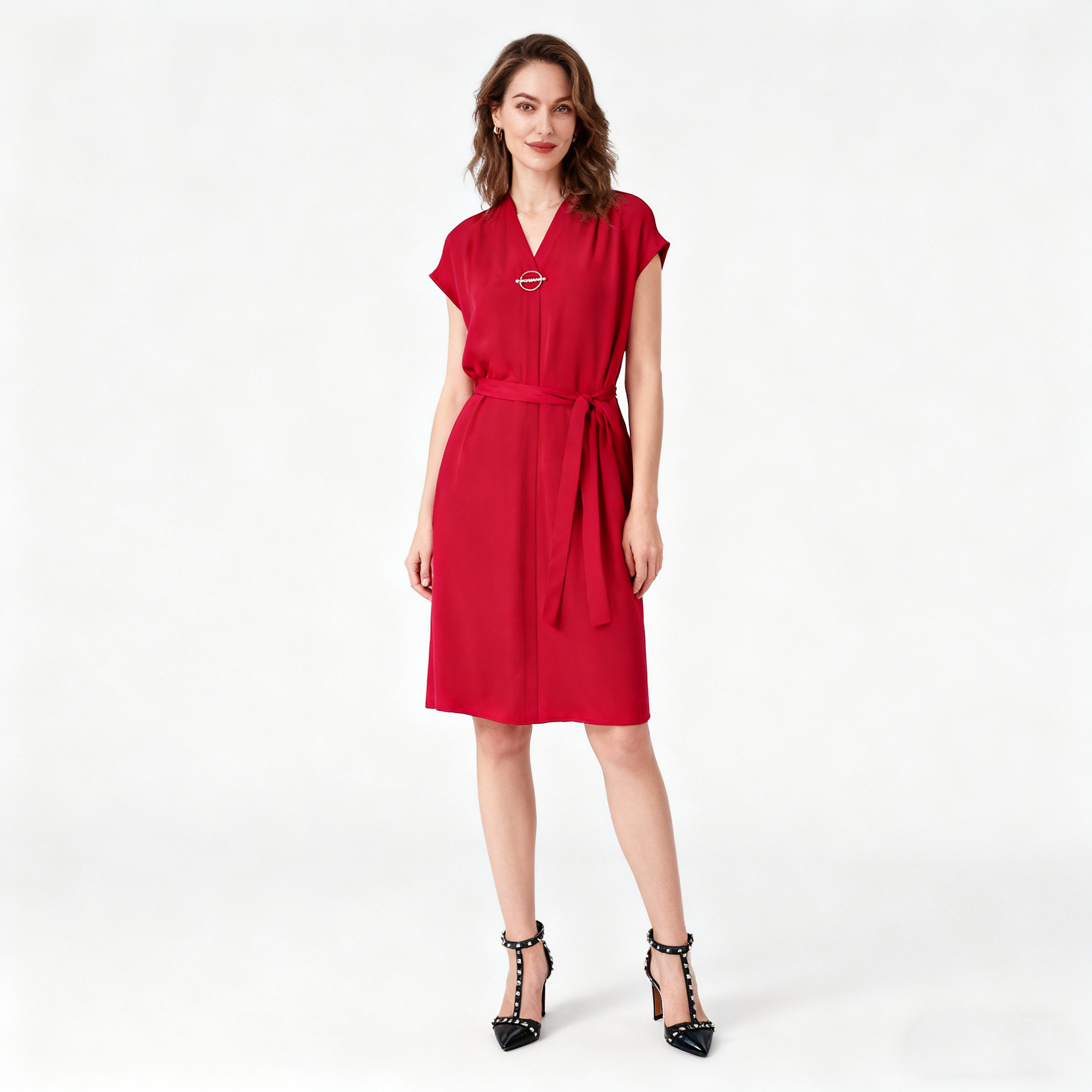 Silk Midi Dress With Belt For Office Lady REAL SILK LIFE