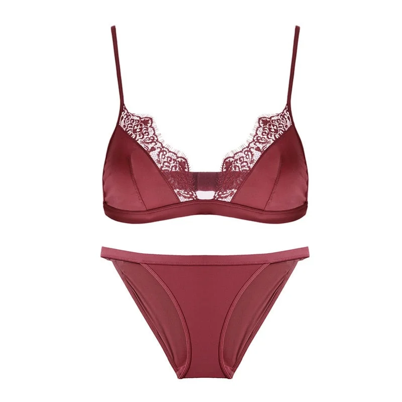 Sexy Underwear Set Ultra-thin Bra Set Women Satin Lingerie 3/4 Cup Bras Wire Free Bralette Lace Secret Erotic Black Underwear