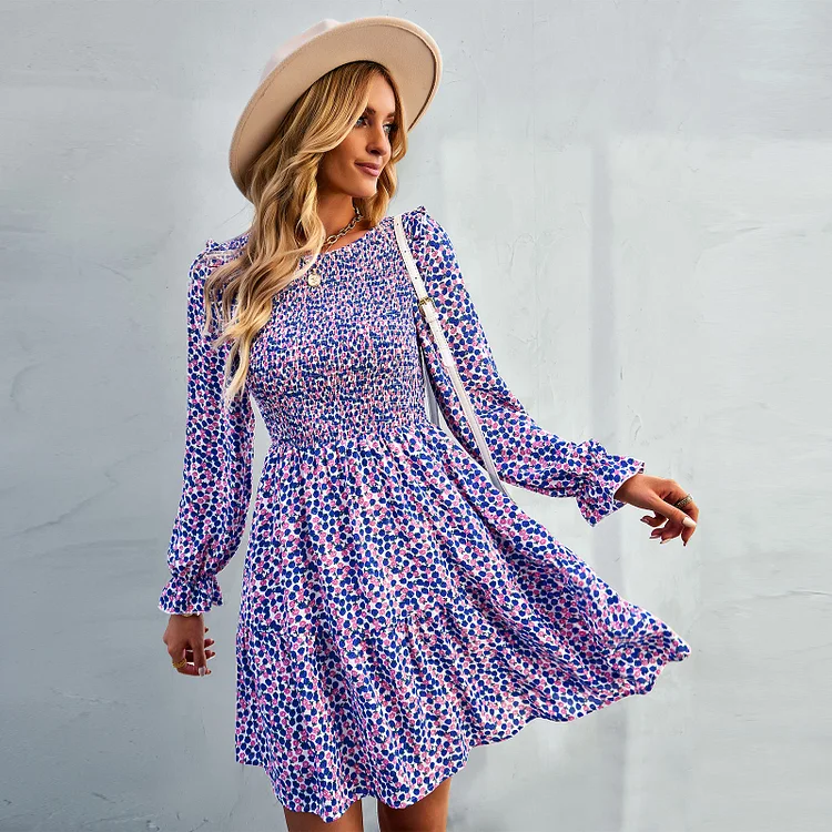 Women's Fashion Floral O-Neck Long Sleeve Casual A-Line Mini Dress