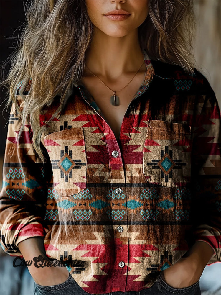 Women’s Vintage Aztec Art Print Casual Long Sleeve Comfortable Cotton Shirt Multicolor / S