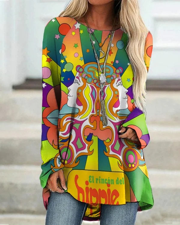 🔥kukelife🔥Hippy Funny Print Long Sleeve Tunic