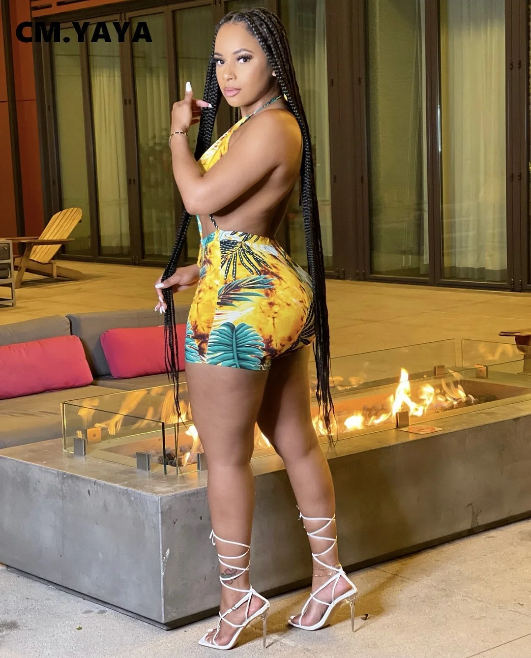 CM.YAYA Women Playsuit Print Sleeveless Halter Hollow Out Bandage Stretchy Bodycon Playsuits Sexy Rompers Fashoin Outfit Summer