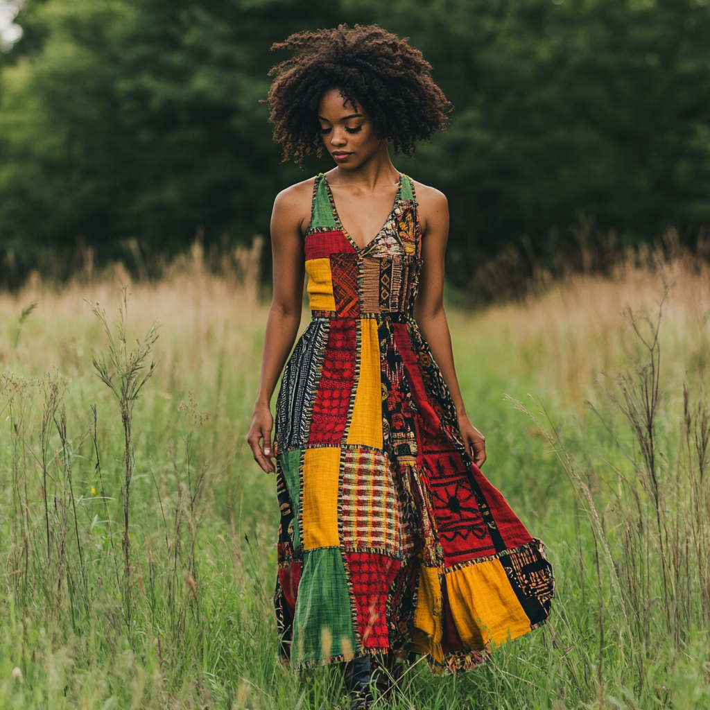 Women's African Colorful Patchwork Art Linen Tank Dress
