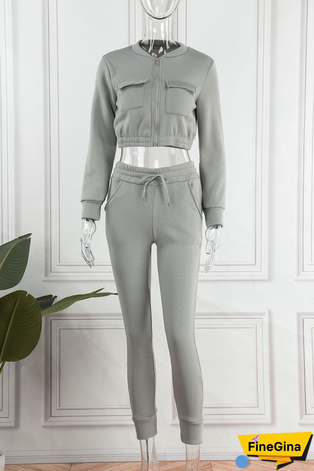 Nude Pink Casual Solid Patchwork Pocket Zipper Long Sleeve Two Pieces