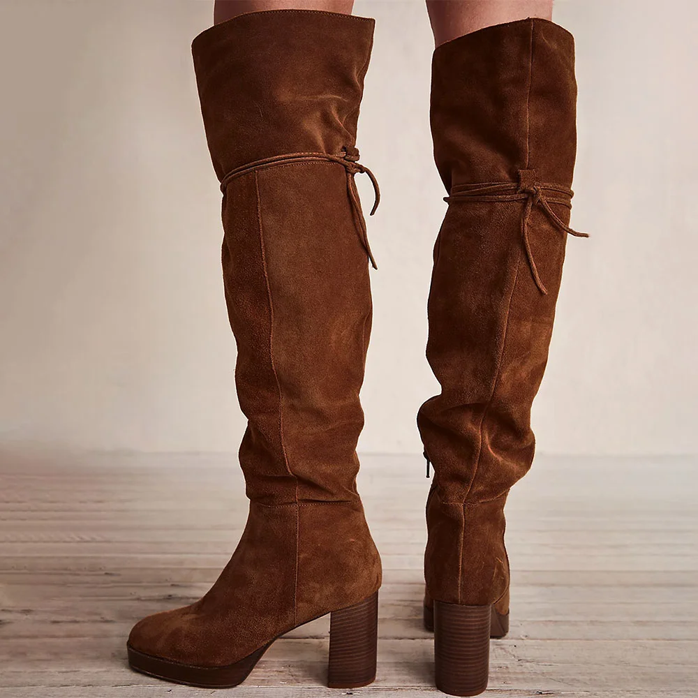 Brown Square Toe Chunky Heel Platform Over the Knee Boots with Zipper