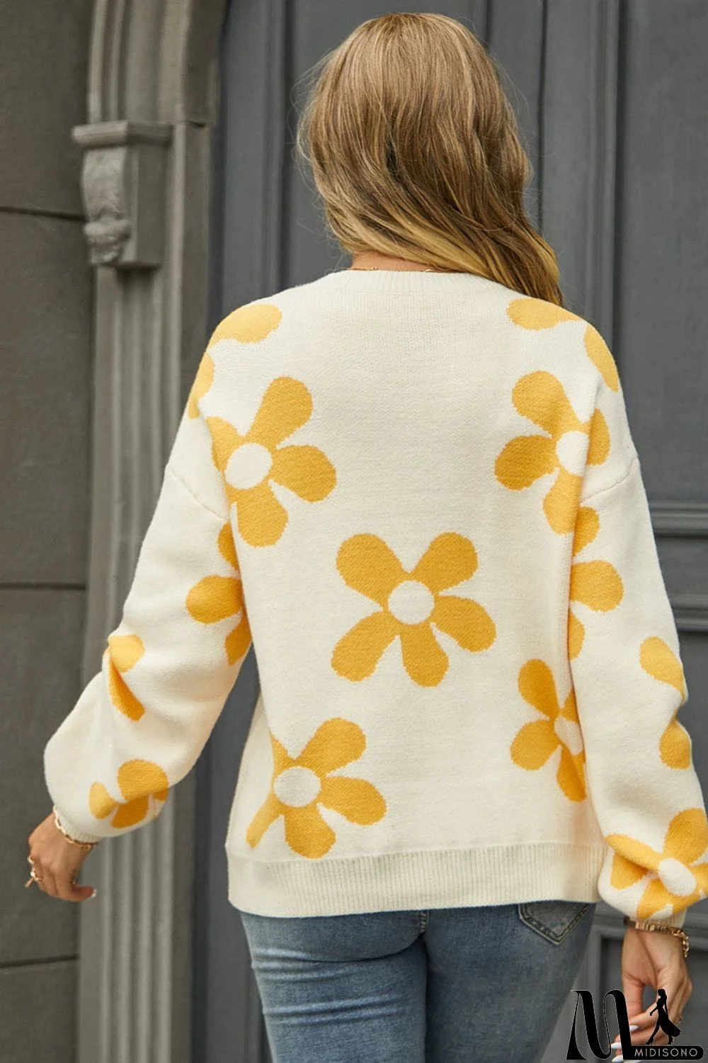 MidiSono - Floral Print Round Neck Dropped Shoulder Pullover Sweater