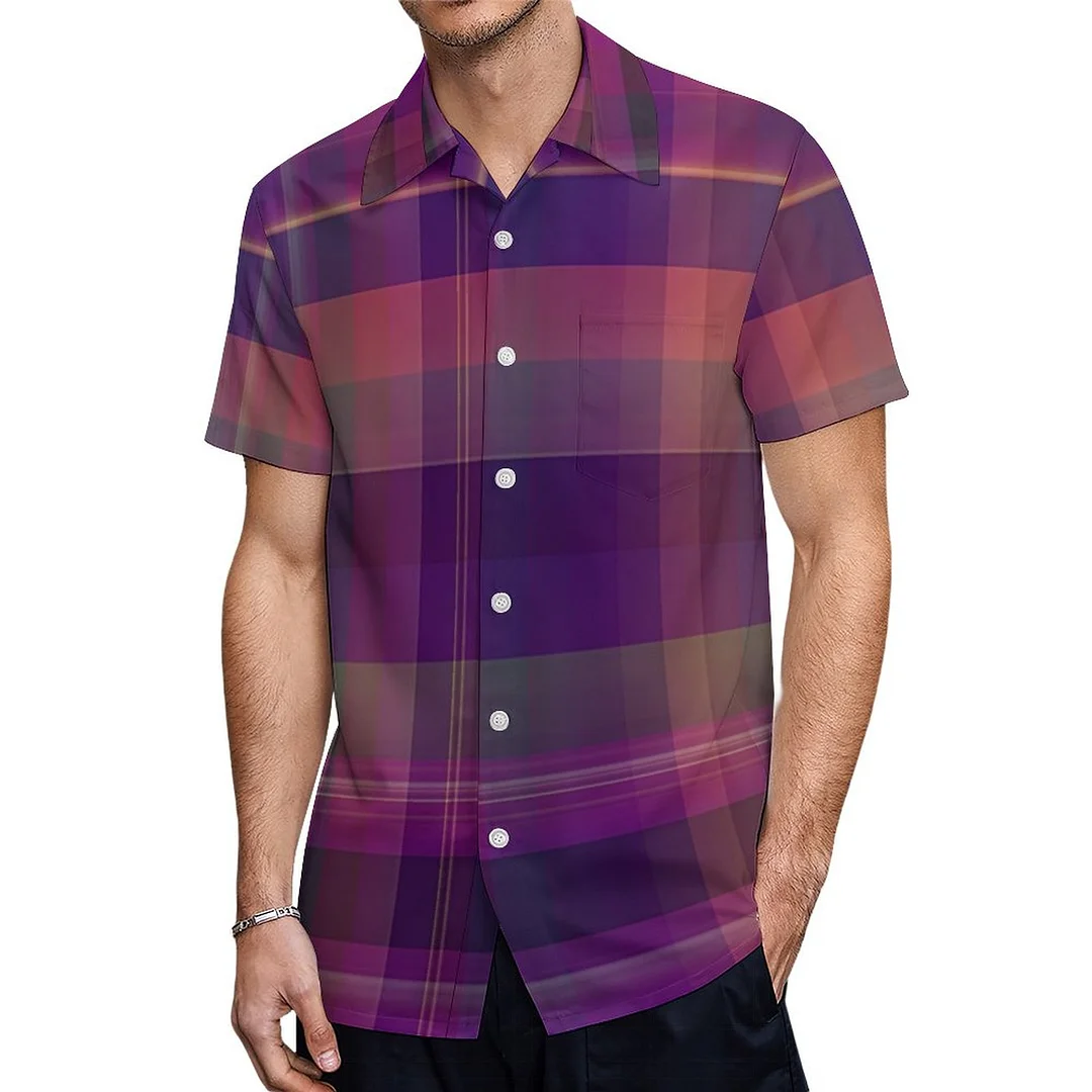 Dark Purple Madras Plaid Stripe Tartan Plaid Hawaiian Shirt Mens Button Down Plus Size Tropical Hawaii Beach Shirts