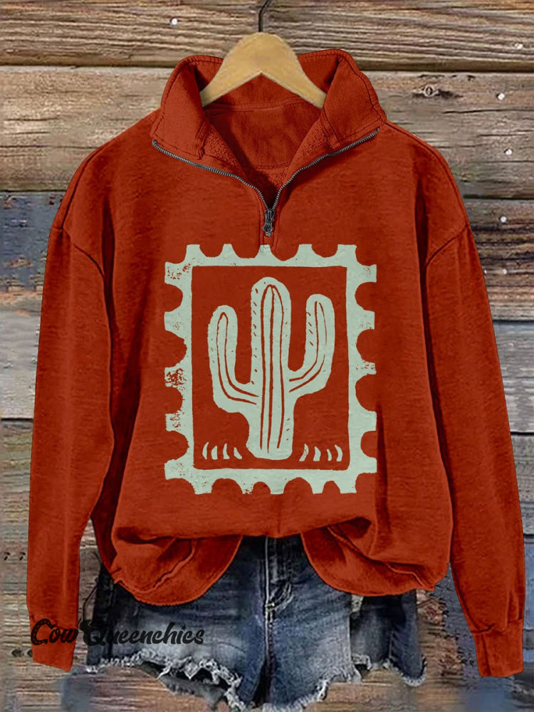 Vintage Art Print Casual Long Sleeve Zip Sweatshirt Multicolor / S