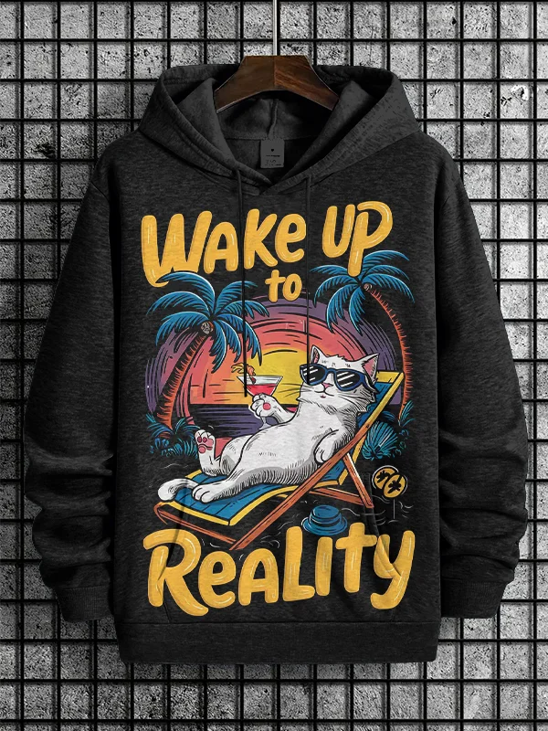 Men's Wake Up To Reality Cat Print Casual Hoodie