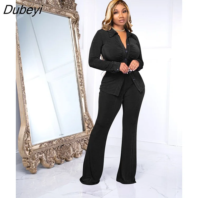 Dubeyi Streetwear Velvet Women's Set INS Long Sleeve Ruched Button Front Shirt and Flare Pants Suit Two 2 Piece Set Tracksuit