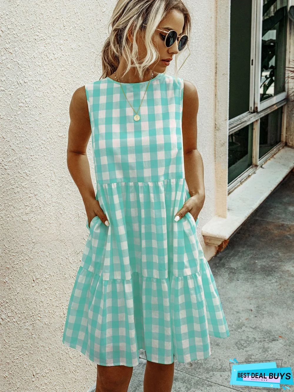 Fashion Round Neck Plaid Loose Female Plaid Dress Cake Skirt