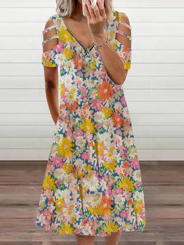 Floral Print Casual Short Sleeve Zipper V-Neck Dress
