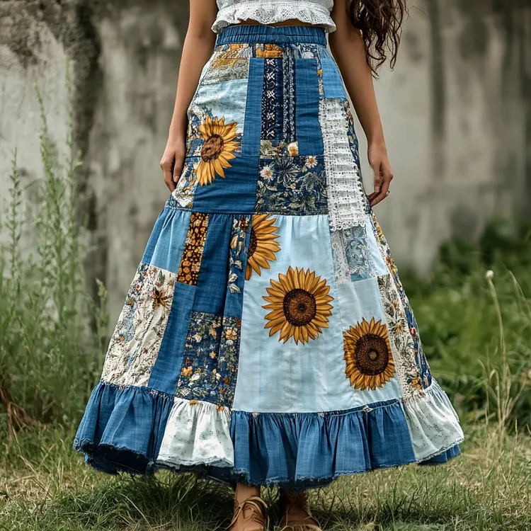 Women's Boho Sunflower Patchwork Art Linen Blend Skirt