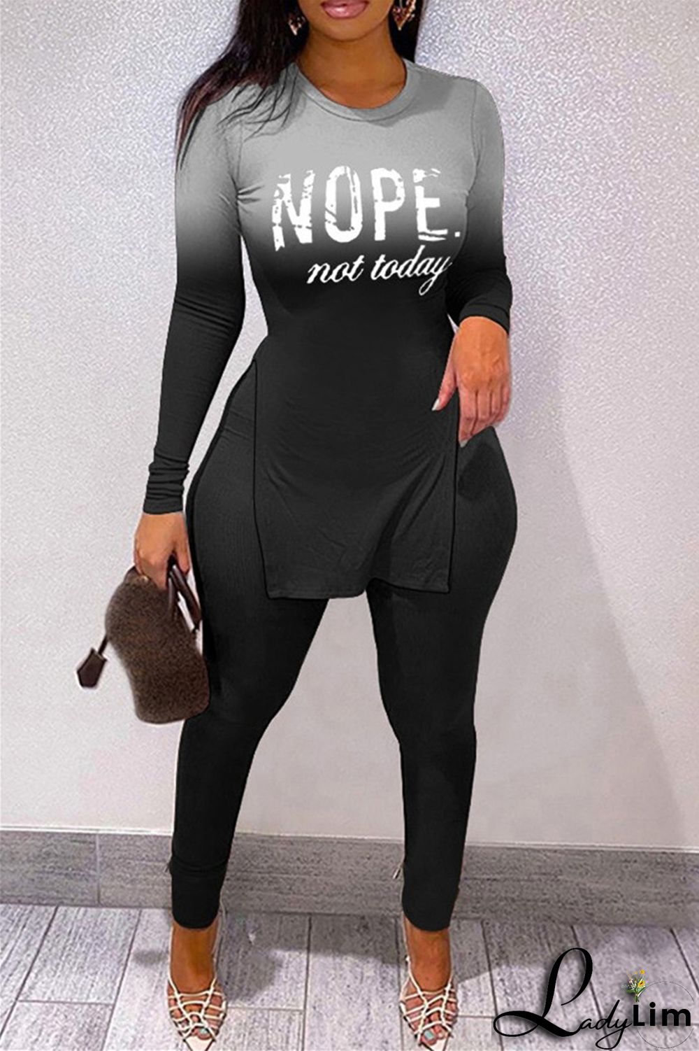 Stripe Fashion Casual Print Slit O Neck Long Sleeve Two Pieces