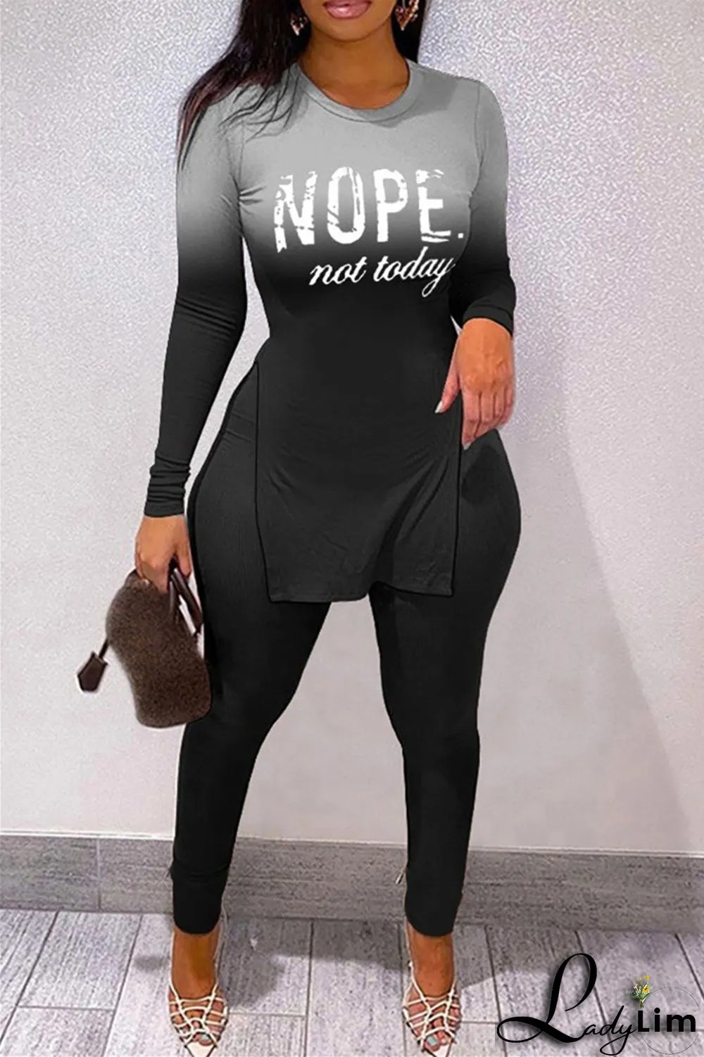 Stripe Fashion Casual Print Slit O Neck Long Sleeve Two Pieces