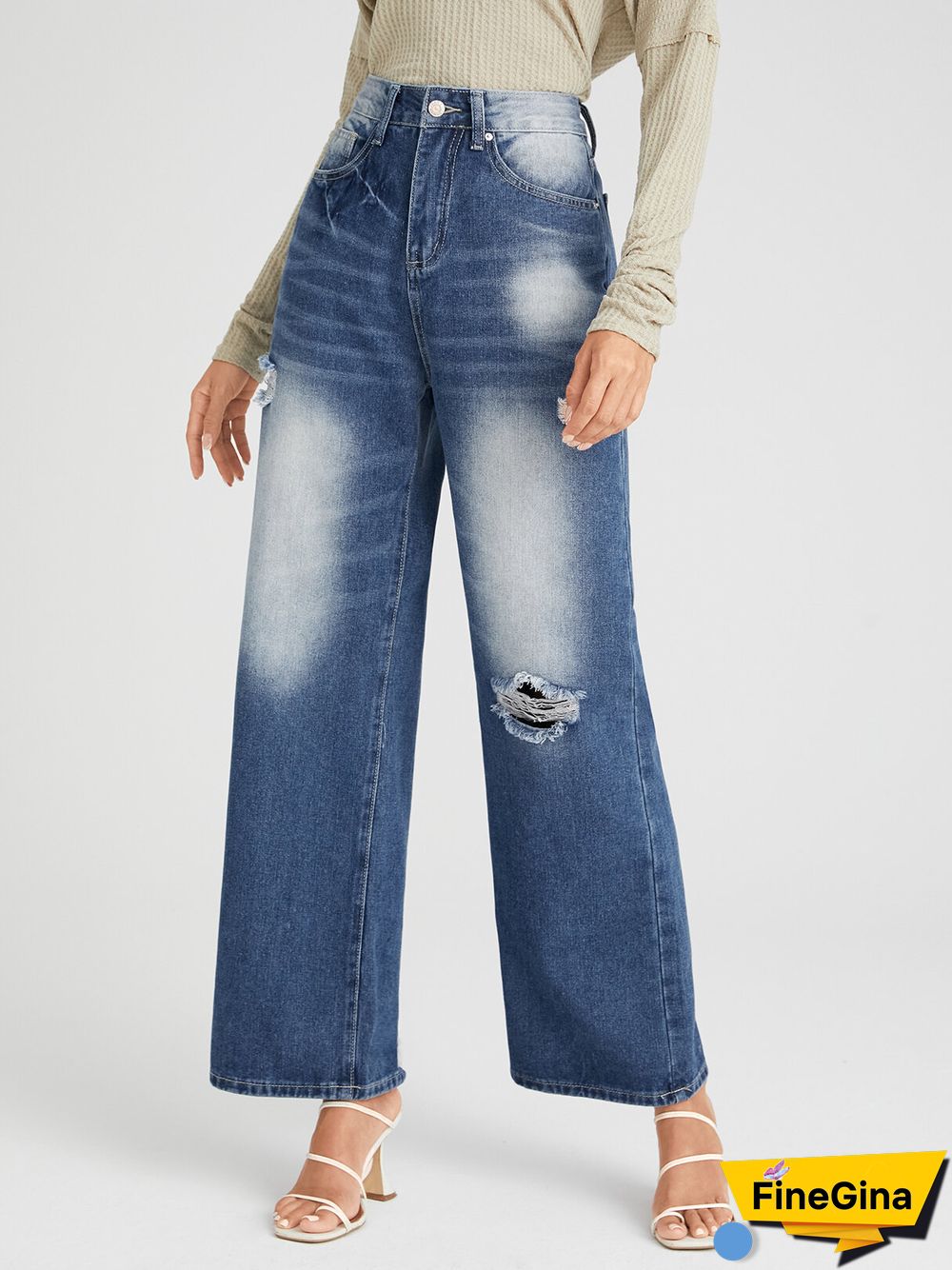Ripped Faded Effect Washed Zipper Fly Wide Leg Jeans