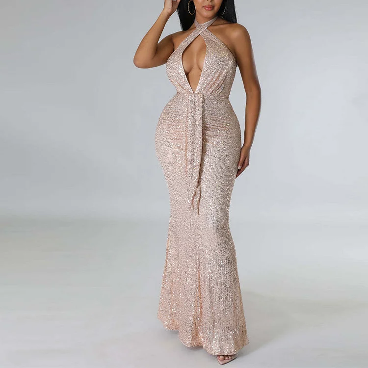 Sequins Halter Sleeveless Mermaid Evening Dress - IRBOOM Fashion Clothing