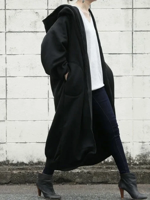 Urban Hooded Solid Color Zipper Batwing Sleeve Long Outerwear