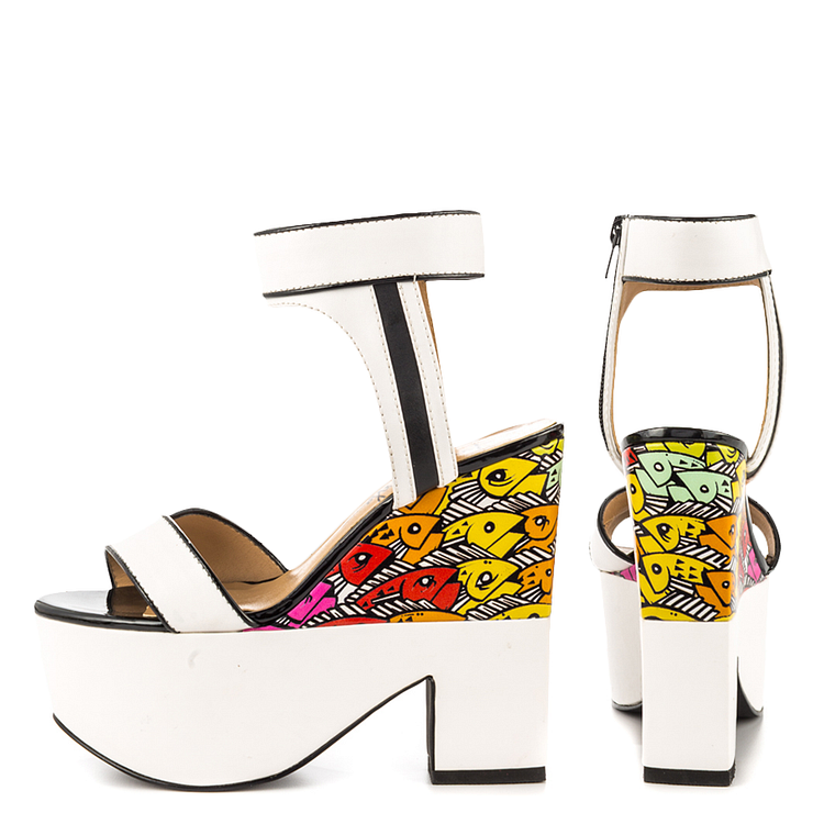 White and Black Wedge Sandals Floral Printed Ankle Strap Shoes |FSJ Shoes