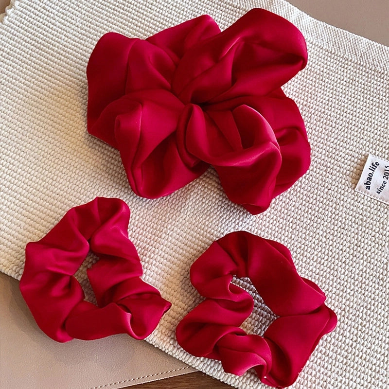 Retro High-Grade Red Satin Large Intestine Hair Band French High-Grade Temperament Double Ponytail Hair Tie Hair Rope Hair Rope For Women