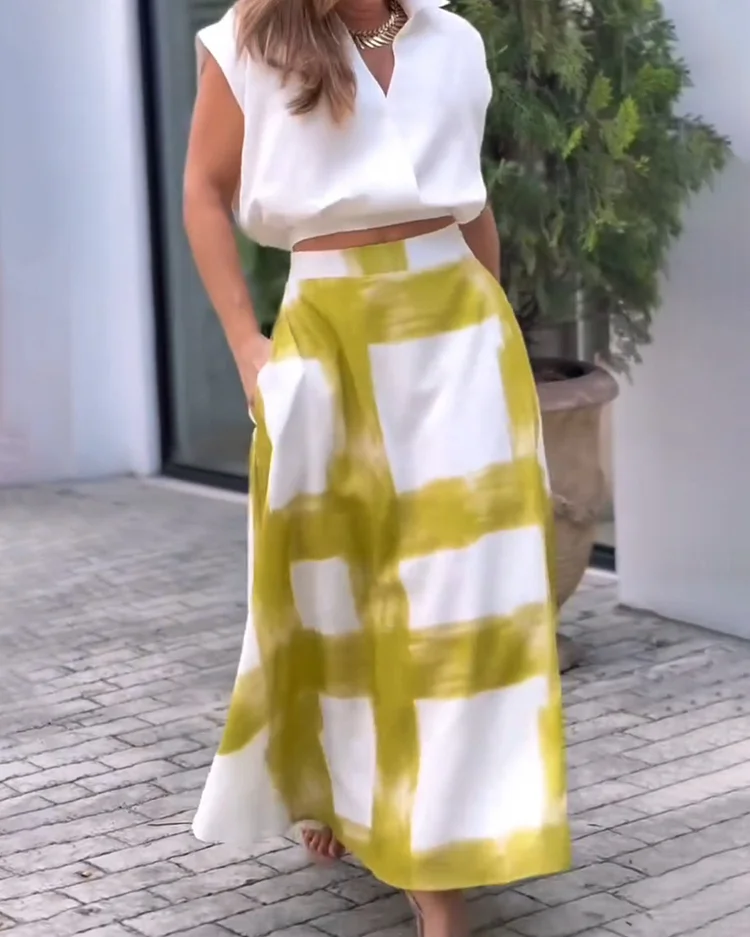 Lapel Loose Top Printed Skirt Two-Piece Set