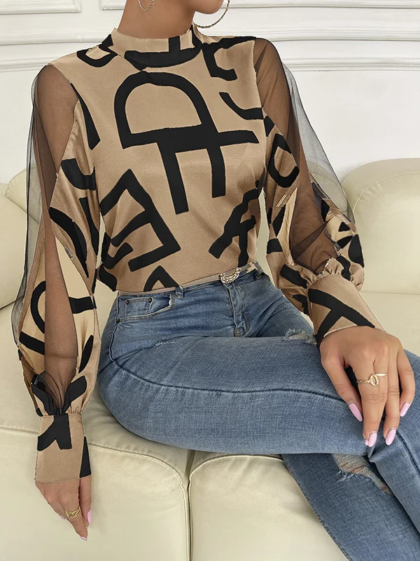 Split-Joint See-Through Letter Print Hollow Buttoned Long Sleeves Round-neck Shirts Tops Blouses&shirts Tops