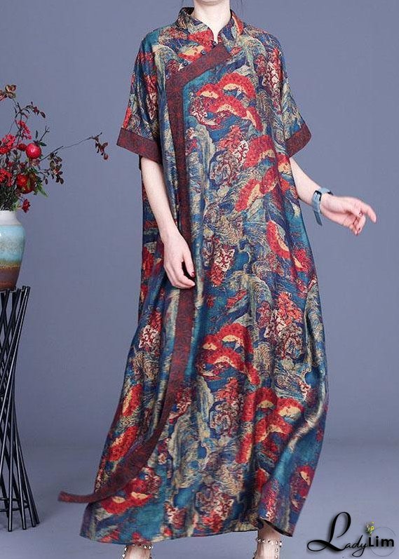 Bohemian Blue Print Silk Robe Dresses Spring