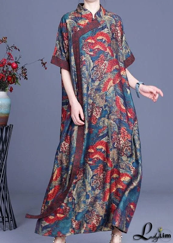 Bohemian Blue Print Silk Robe Dresses Spring