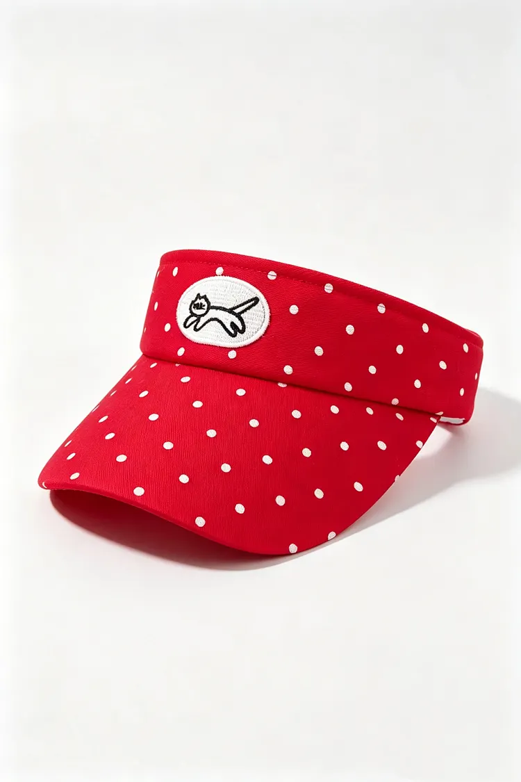 Red Polka-Dot Open-Top Hat with Structured Brim and Animal Embroidery