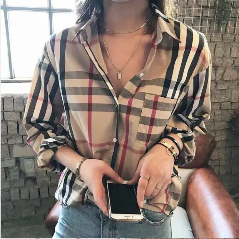 Brownm Splicing Shirt Women's Spring Loose Retro Long-sleeve T-shirt