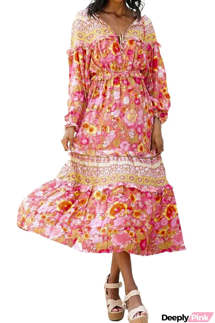 Floral Print Layered Ruffle Puff Sleeve Maxi Dress